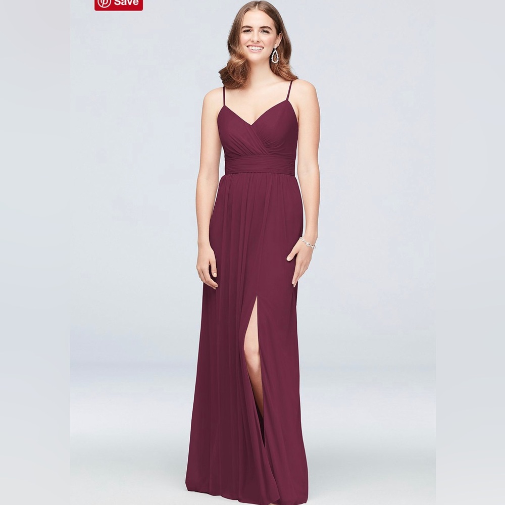 David’s Bridal long mesh v neck spaghetti bridesmaid dress size 12 wine